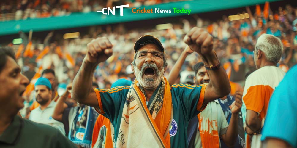 old indian cricket fan cheering for team